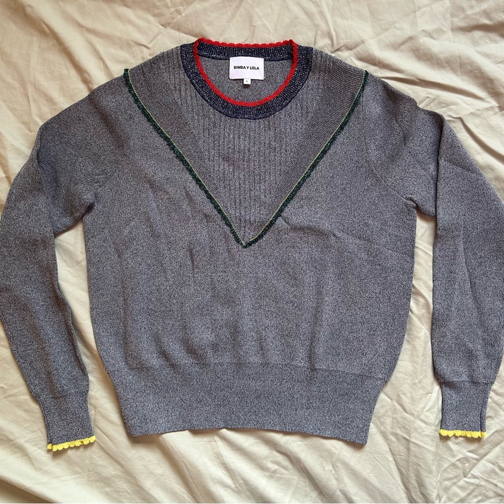 Bimba Y Lola Gray Crewneck Sweater with Contrast Trim